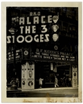 Moe Howard Personally Owned 8 x 10 Glossy Photo From the 1930s, Featuring an RKO Marquee Reading The 3 Stooges, With Their Photos -- Discoloration at Bottom, Fair to Good Condition
